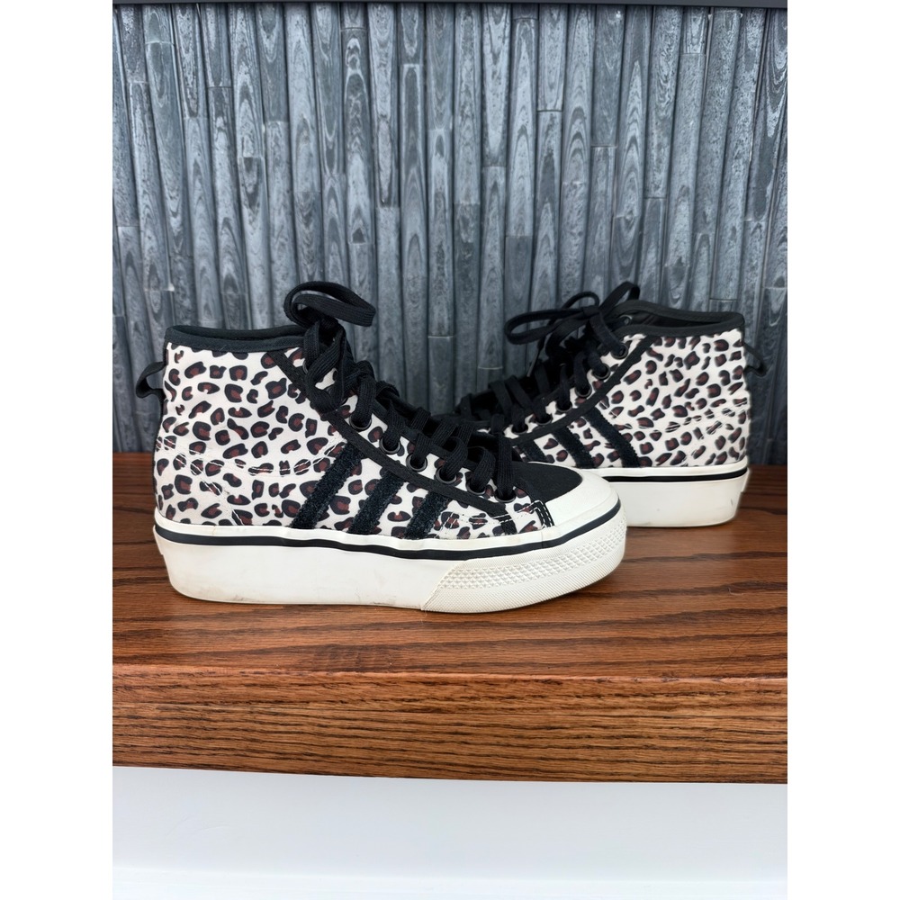 Adidas Nizza Platform Mid Leopard Print Canvas High Top Sneakers Black White